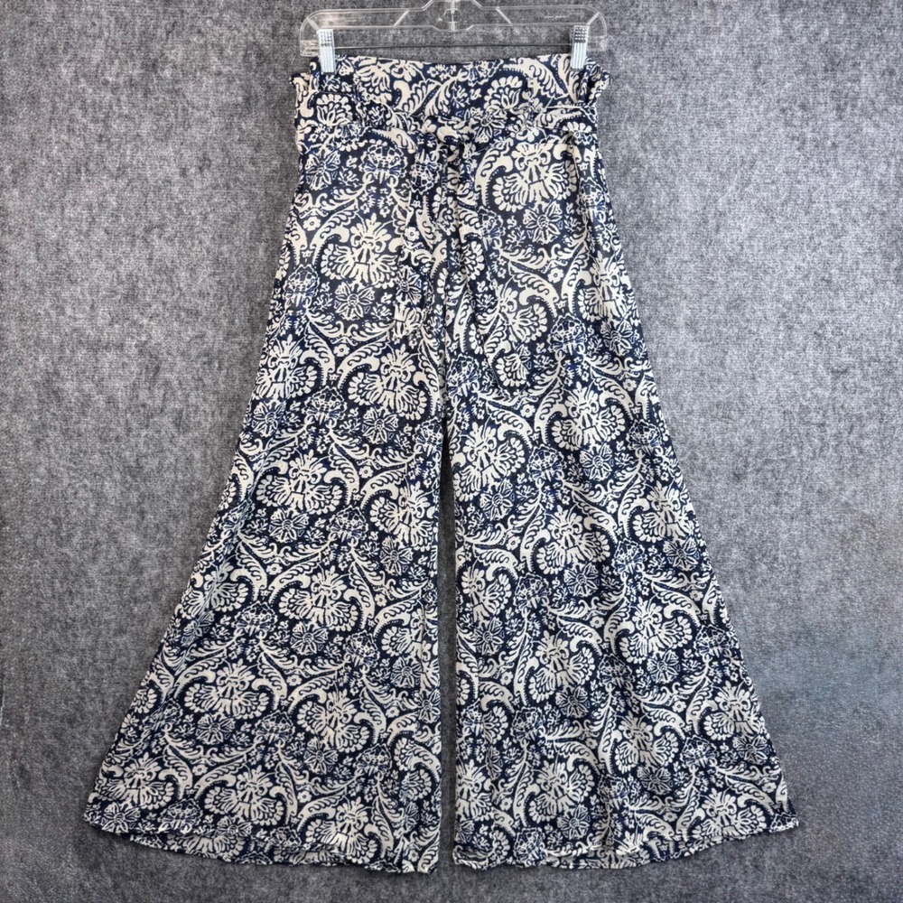 Truth NYC Womens Blue White Damask Paisley Wide Leg Smocked Waist Pants Size M